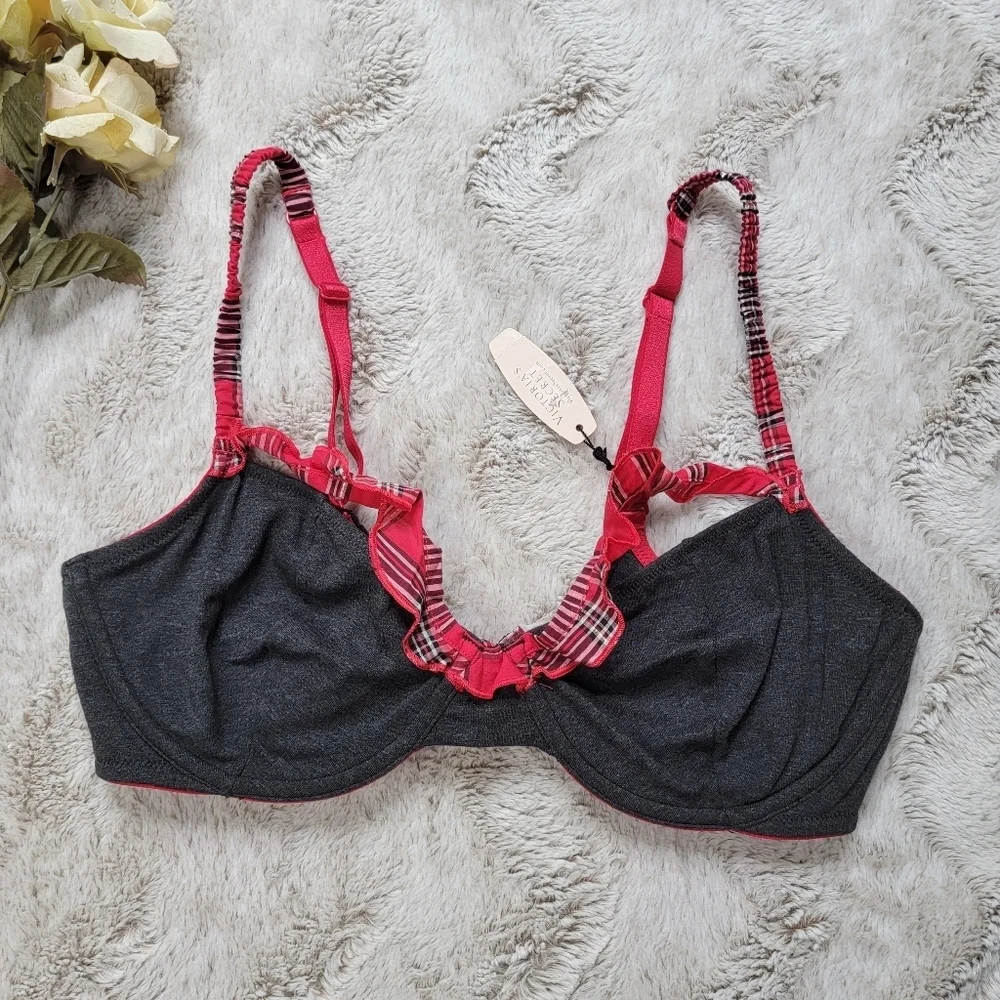 Victoria's Secret Gray Red Plaid Trim Bells Accent Unlined Demi Bra NWT Size 36D